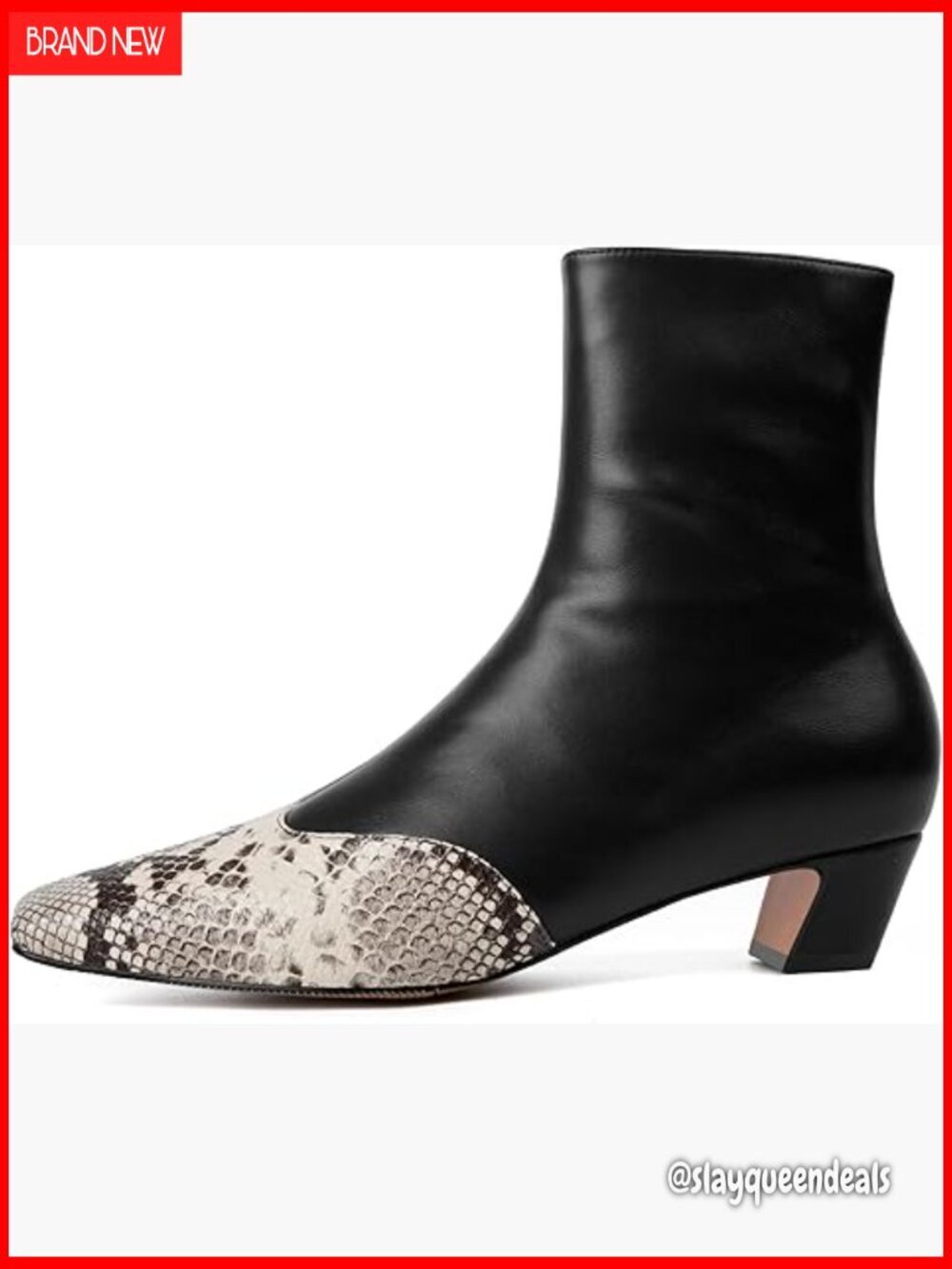 Women's Ankle Boots Square Toe Kitten Heel Snakeskin Patchwork Leather Chelsea